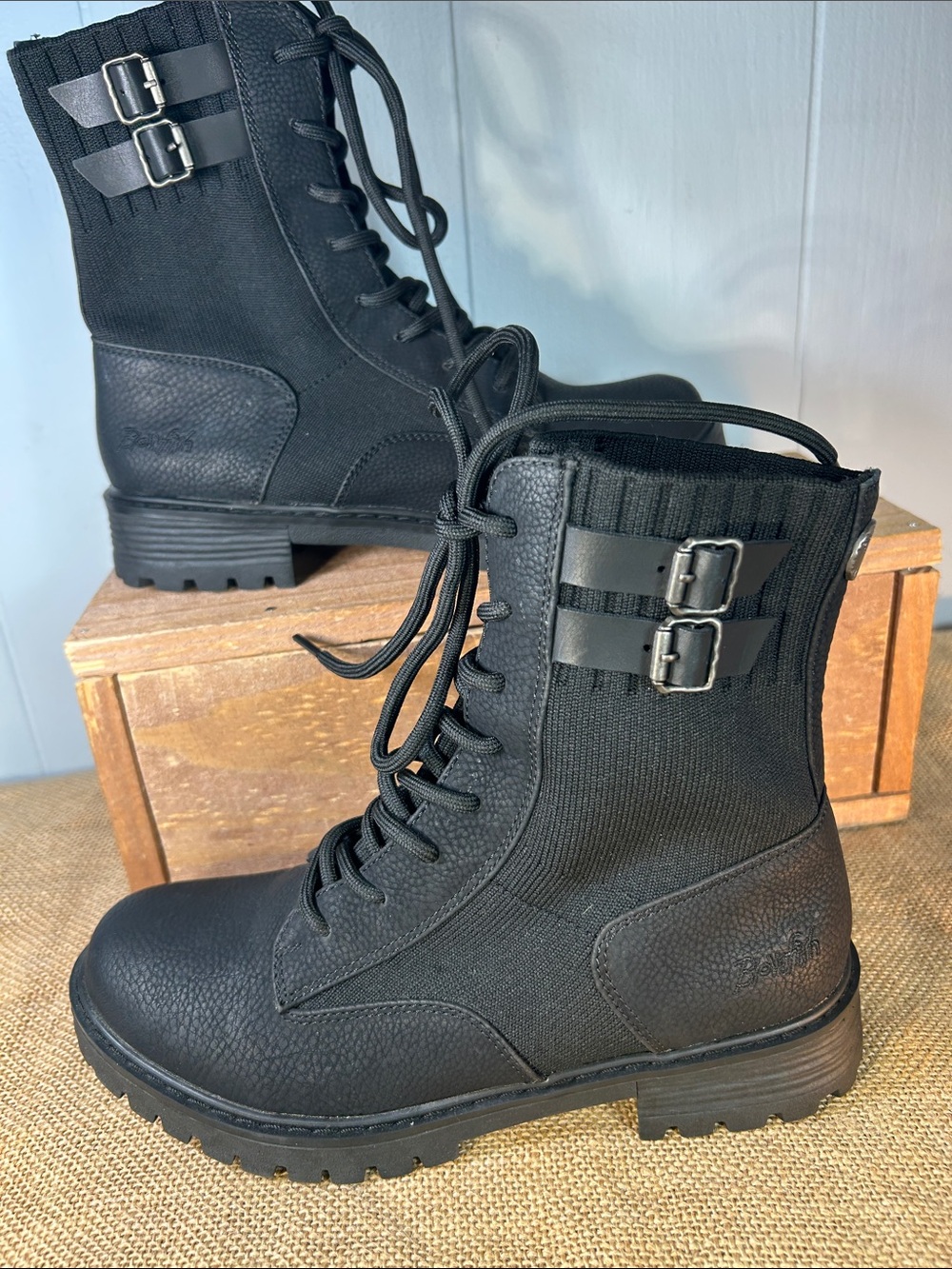 Blowfish Black Lace-Up Buckle Combat Boots - Picture 2 of 10